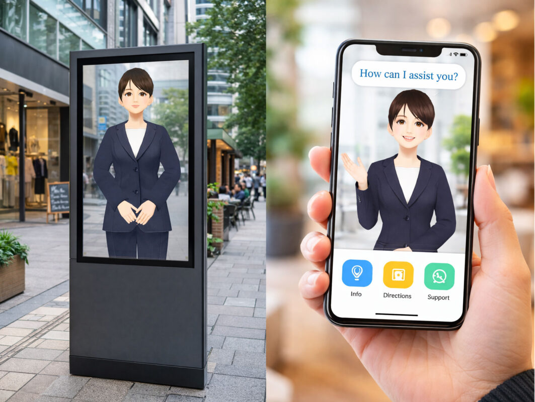 ビジネスアバターが街のデジタルサイネージで案内するイメージ-スマホアプリで案内するAIビジネスアバターのイメージ
